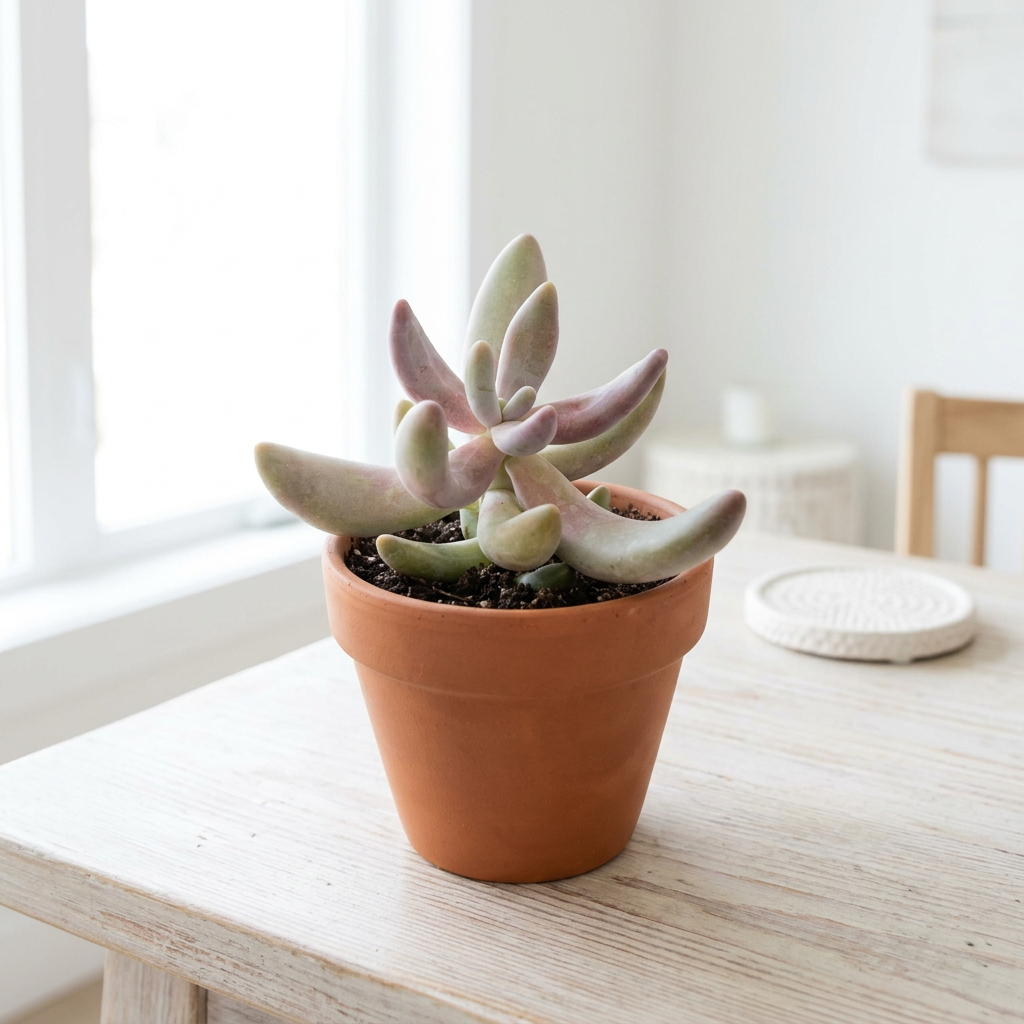 Pachysedum Ganzhou styled near a bright indoor window in a terracotta pot; decorative pot sold separately