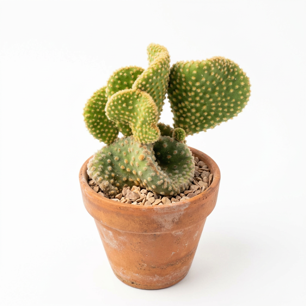 Funny Bunny crested cactus styled in a classic terracotta pot on a pure white background; decorative pot sold separately.