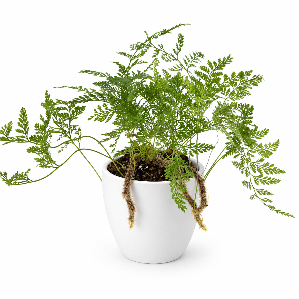 Rabbit’s Foot Fern fuzzy rhizomes draping over separately sold white Basel planter