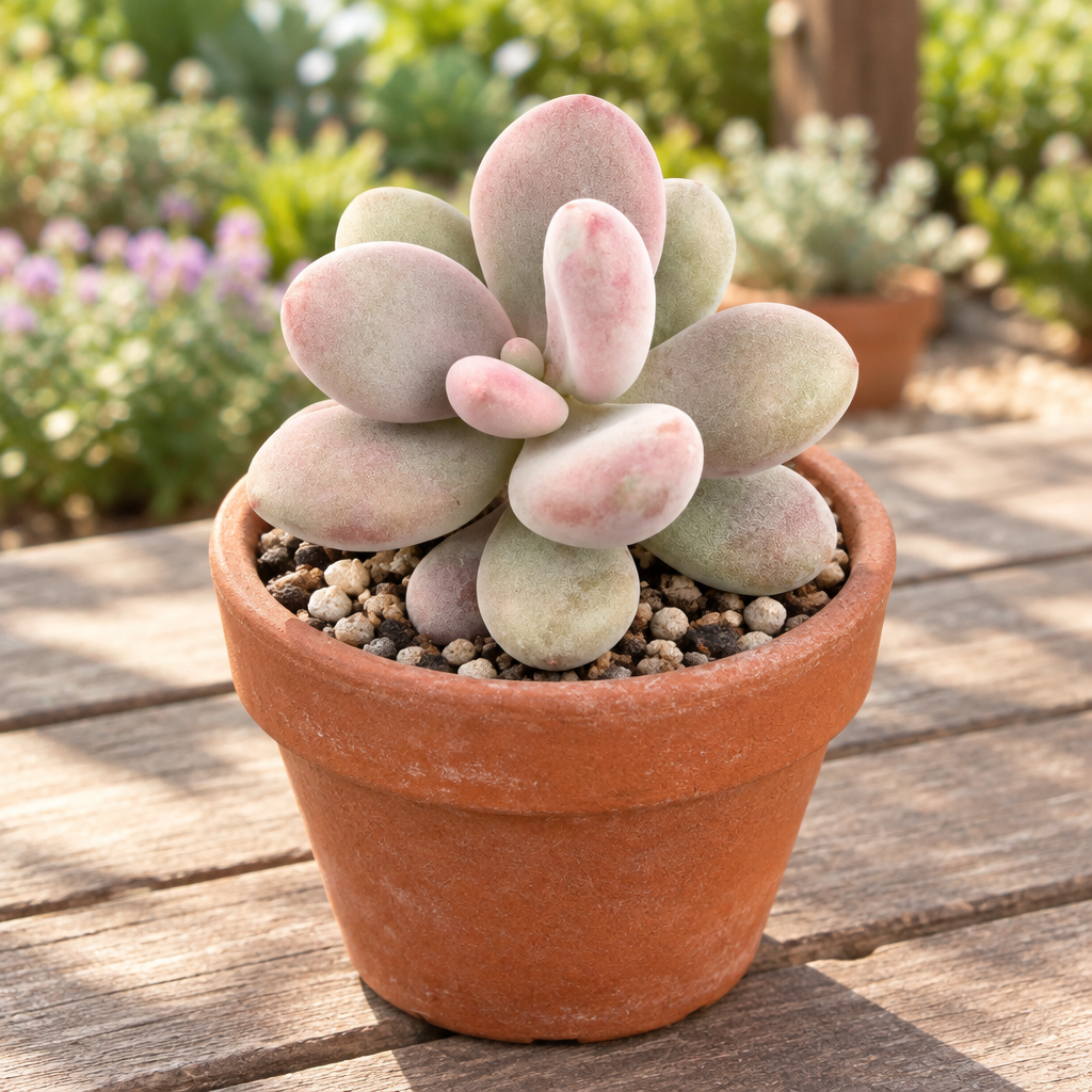 Pink Moonstone succulent in a terracotta pot on a patio table, decorative pot not included