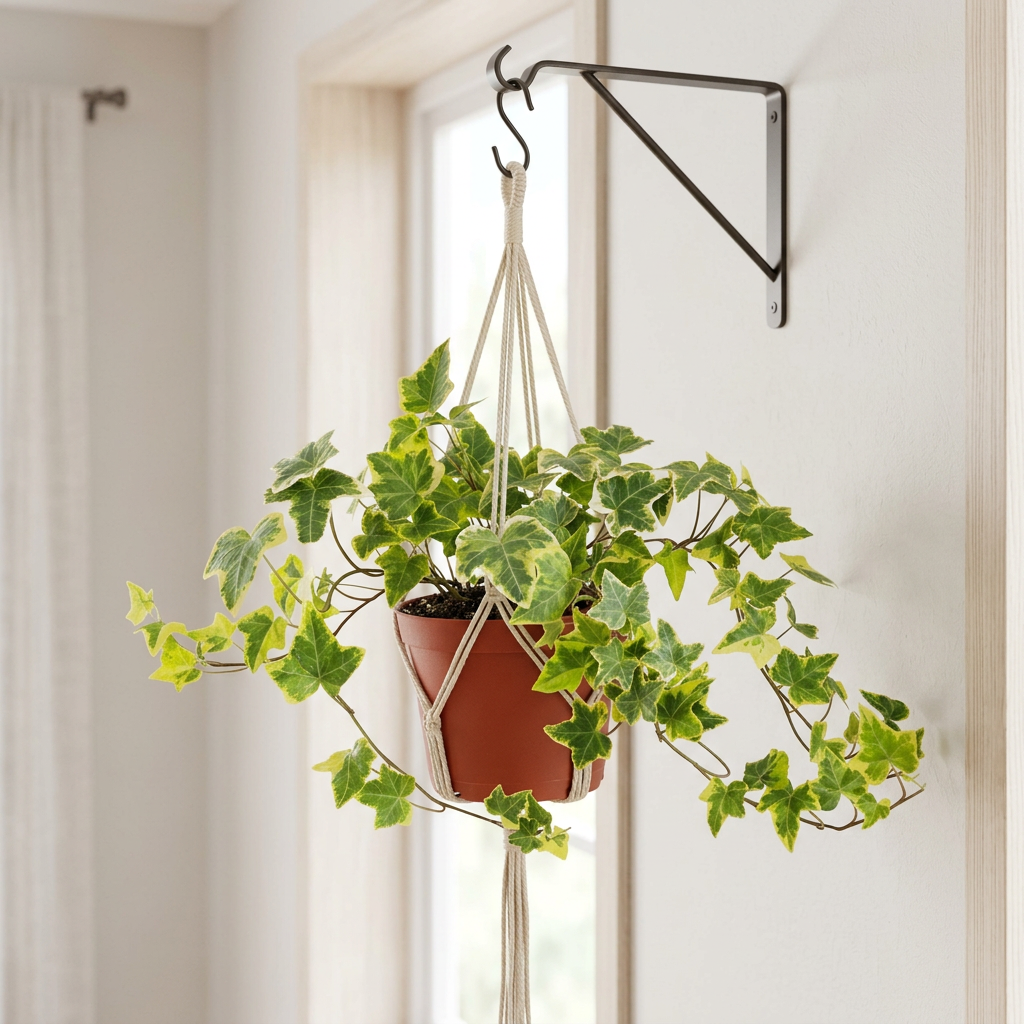 Gold Child English Ivy in a supported hanging display near a window; decorative sling, hook and bracket are not included.