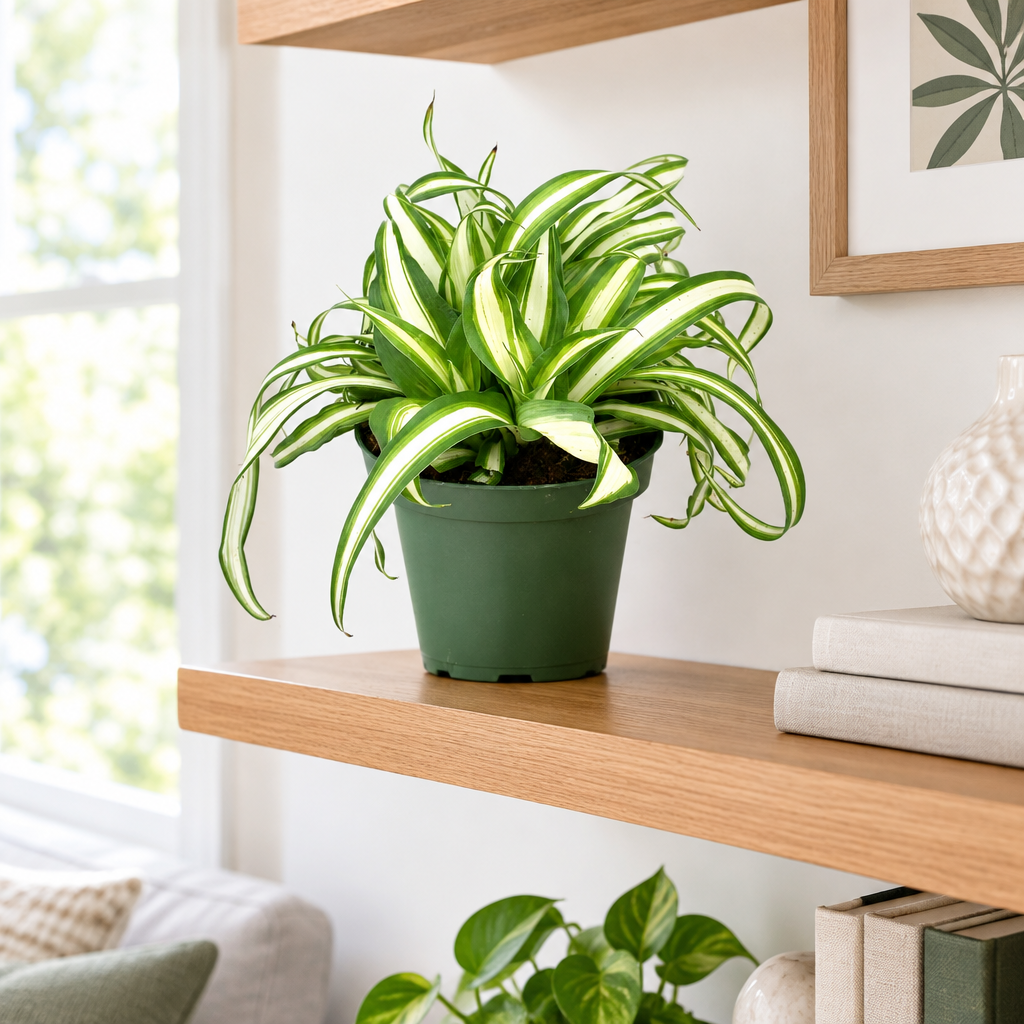 Variegated spider plant in nursery pot on bright living room shelf