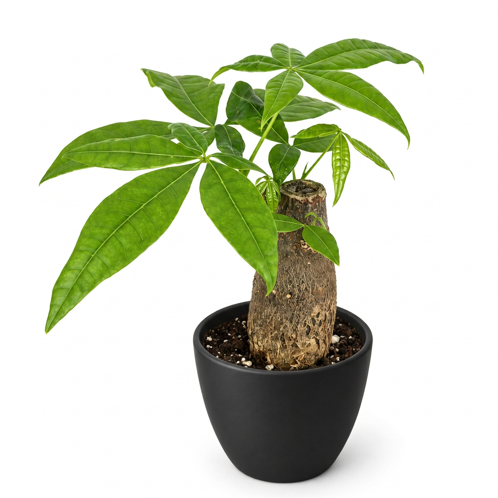 Money Tree Pachira stump bonsai with a single stout trunk and green leaflets styled in a black BASEL 4.7-inch planter; decorative planter sold separately