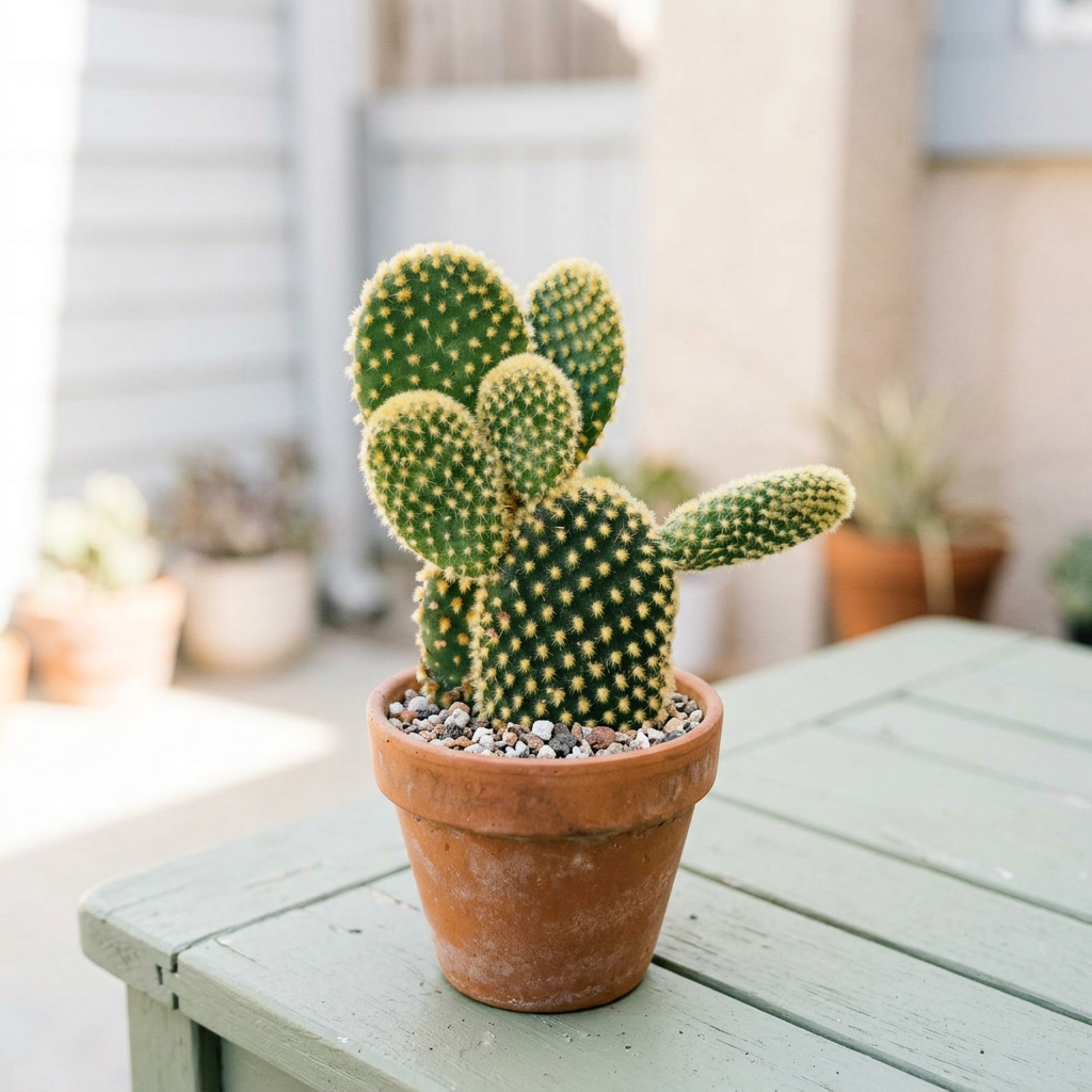 Bunny Ears cactus styled on an outdoor patio in a terracotta pot; decorative pot sold separately.