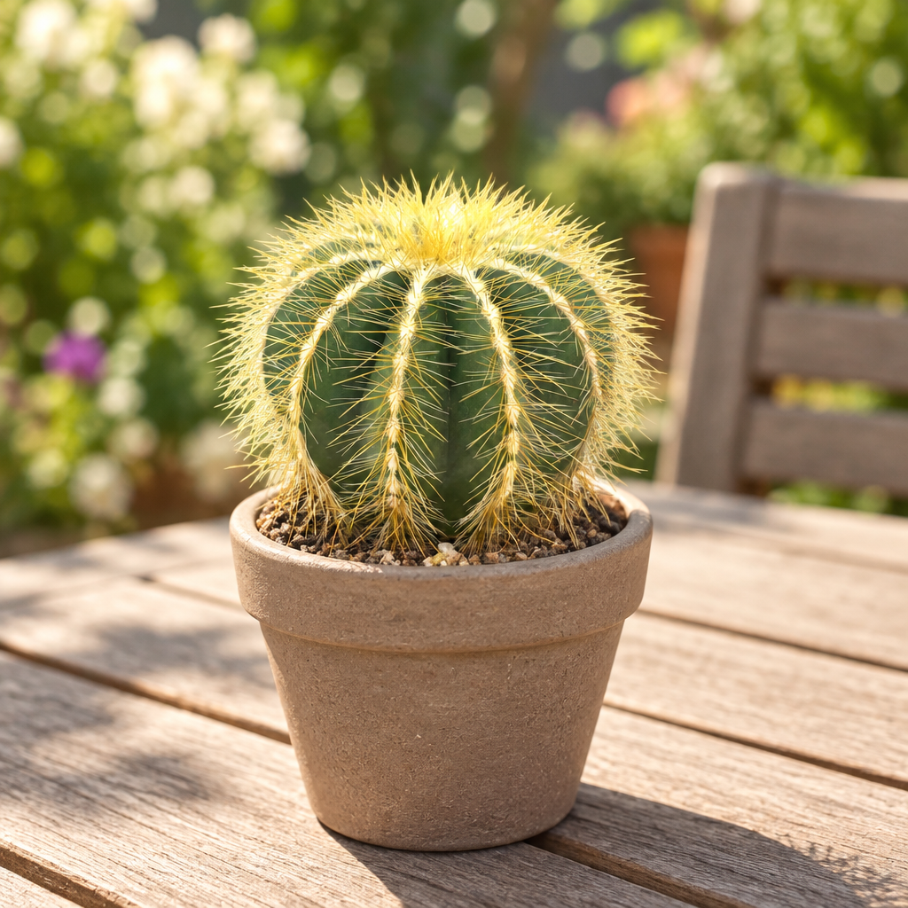 Balloon Cactus in a taupe terracotta pot on an outdoor patio table