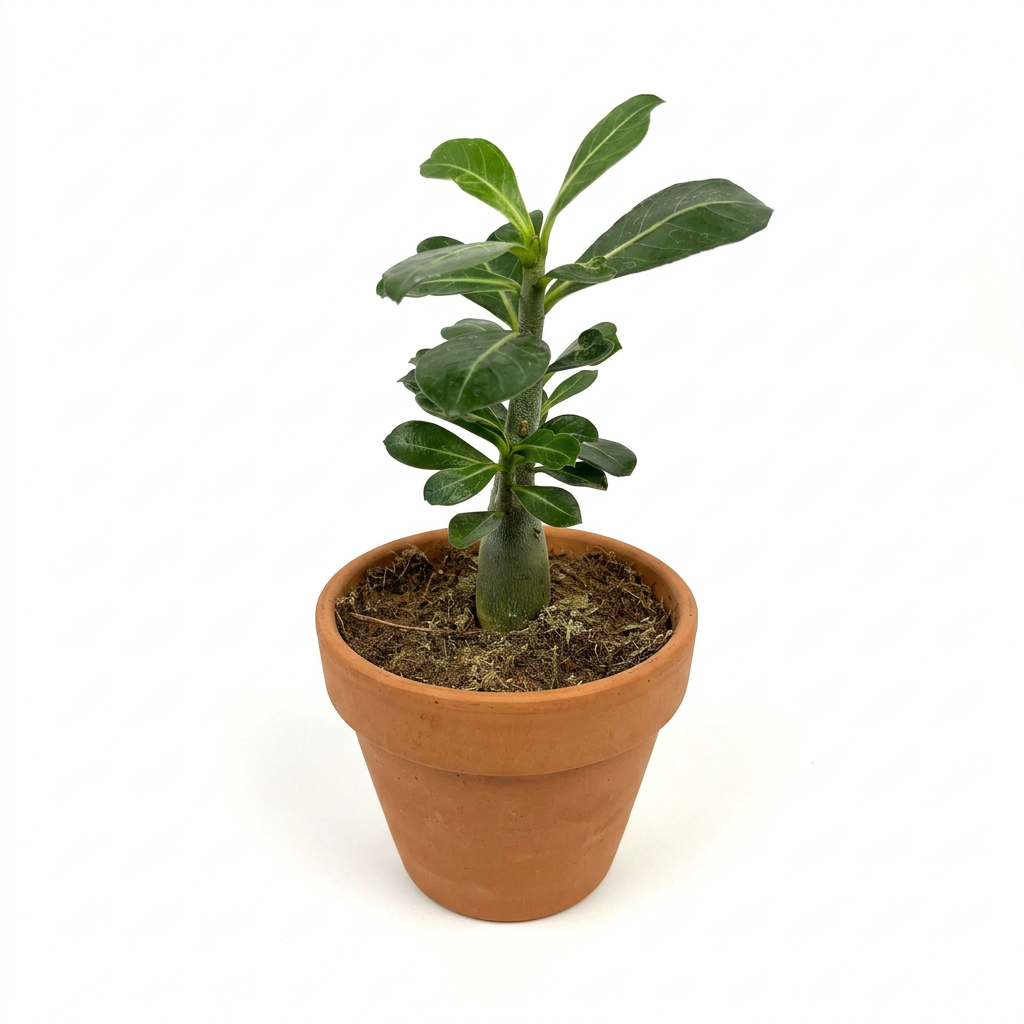 Young Desert Rose styled in classic terracotta on a pure white background; decorative pot sold separately.