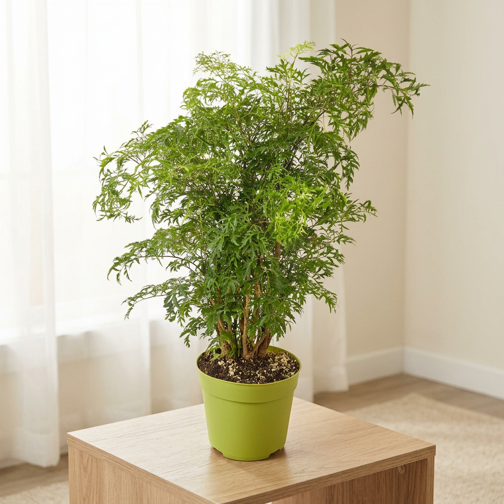 Ming Aralia Stump in its nursery pot on a side table near a bright indoor window
