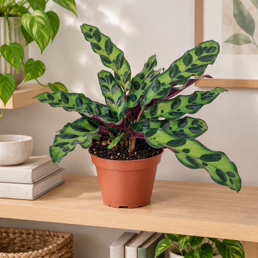 Rattlesnake Plant in nursery pot on bright living room shelf
