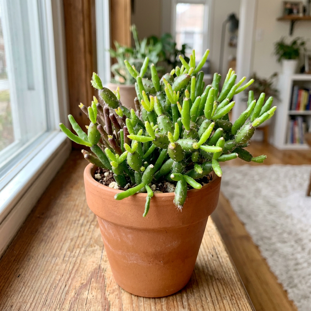 Dancing Bones Cactus styled in a terracotta pot on an indoor windowsill; decorative pot not included