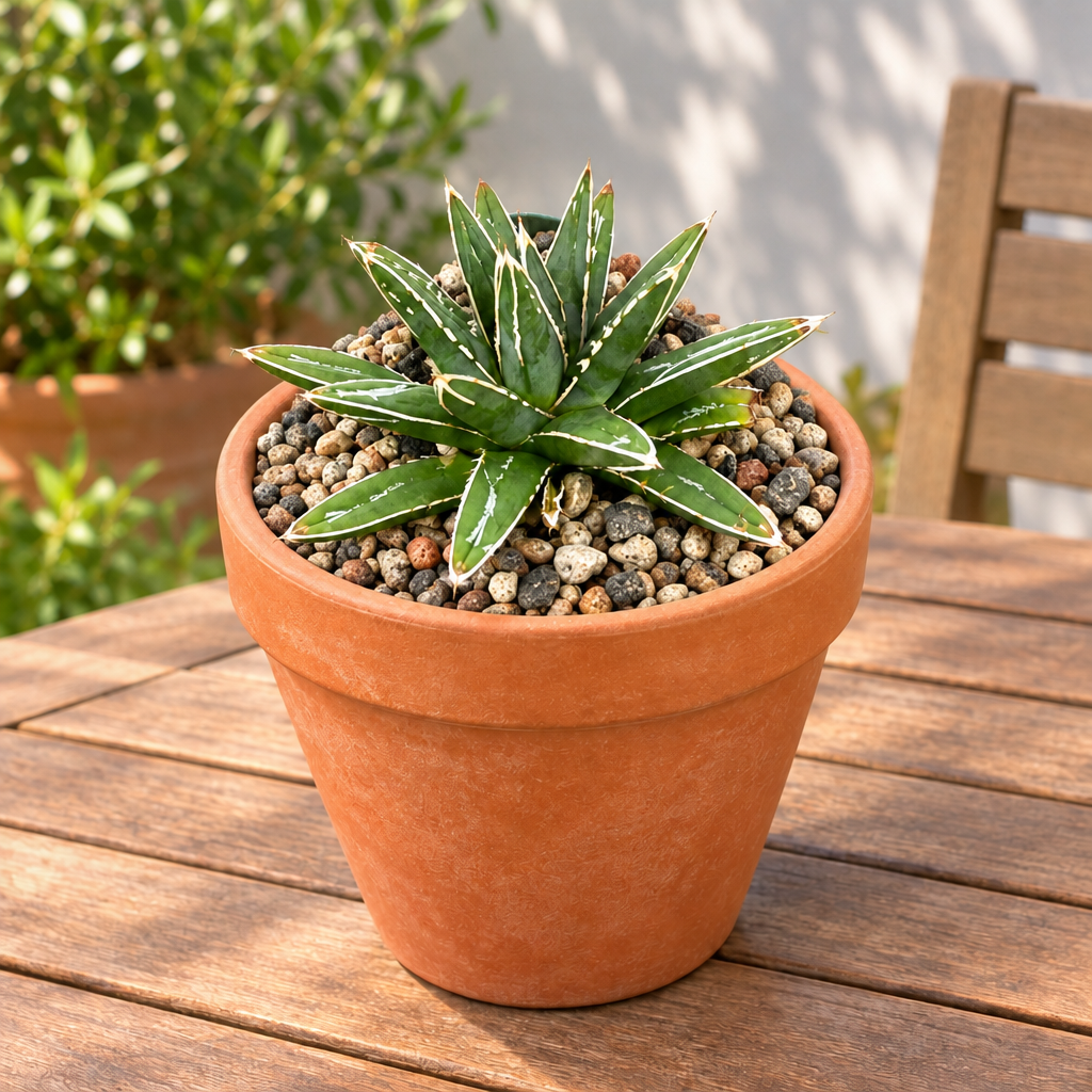 Porcupine Agave in decorative terracotta pot on outdoor patio table; pot not included