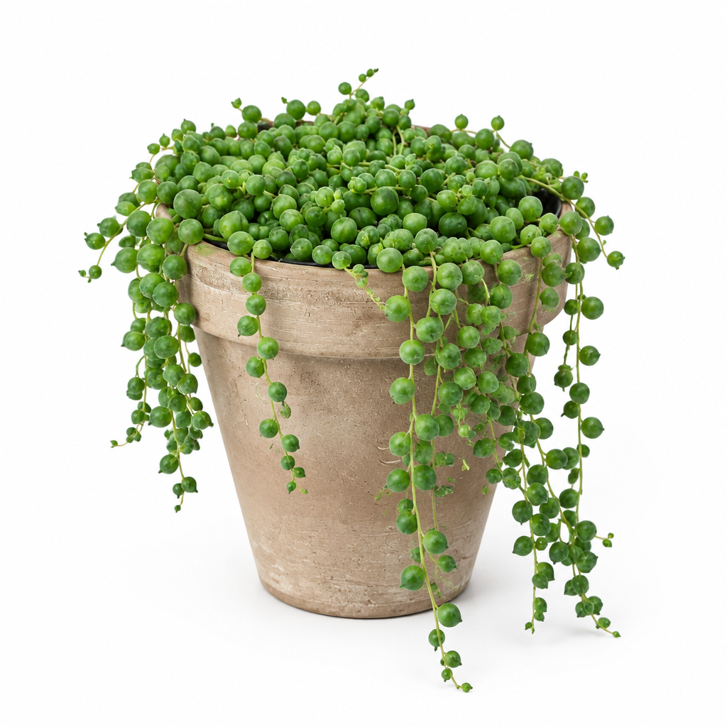 String of Pearls with round green bead-like leaves trailing from a muted taupe terracotta pot on white