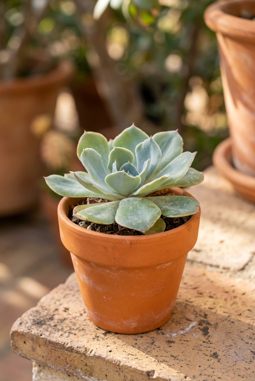 Echeveria glauca Blue Rose styled in a small terracotta pot on a sheltered patio; decorative pot sold separately.