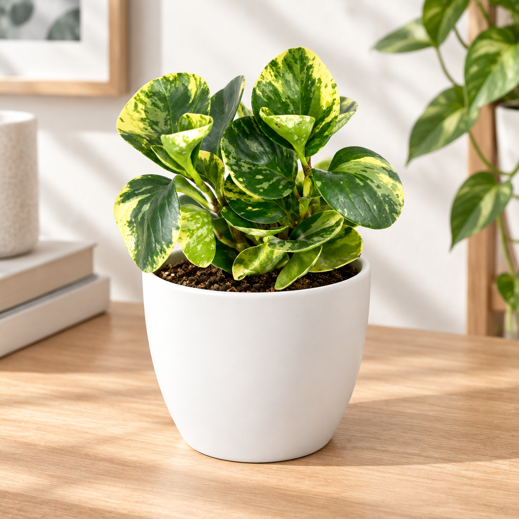 Peperomia Marble styled in white Basel 4.7-inch planter, sold separately