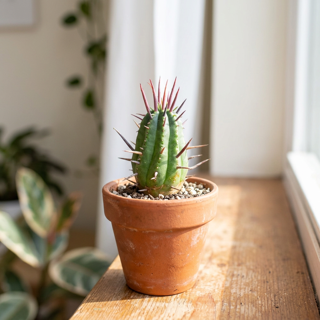 Euphorbia ferox styled in a terracotta pot on a sunny indoor windowsill; decorative pot sold separately.