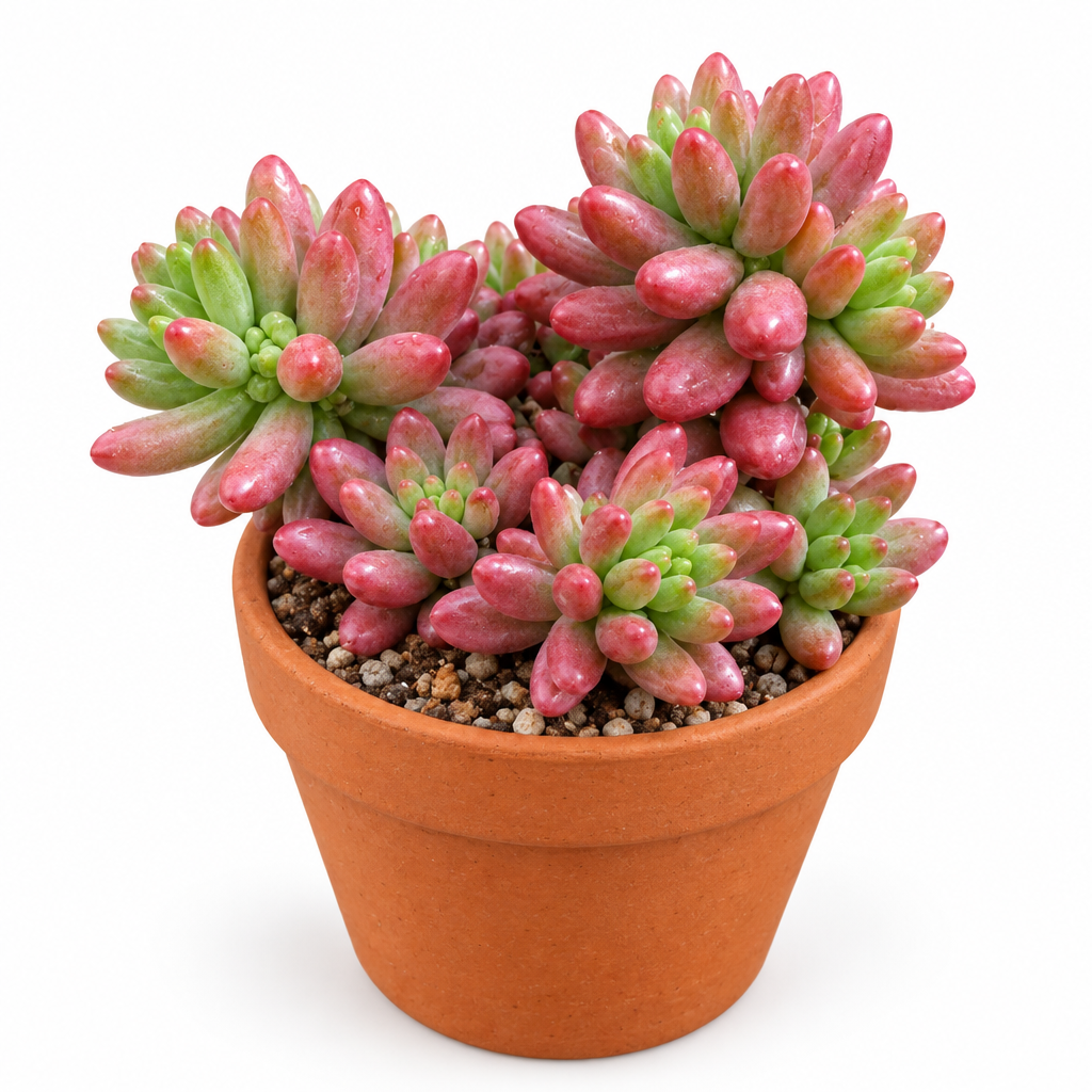 Pastel Jelly Bean Sedum Aurora directly planted in warm terracotta on white