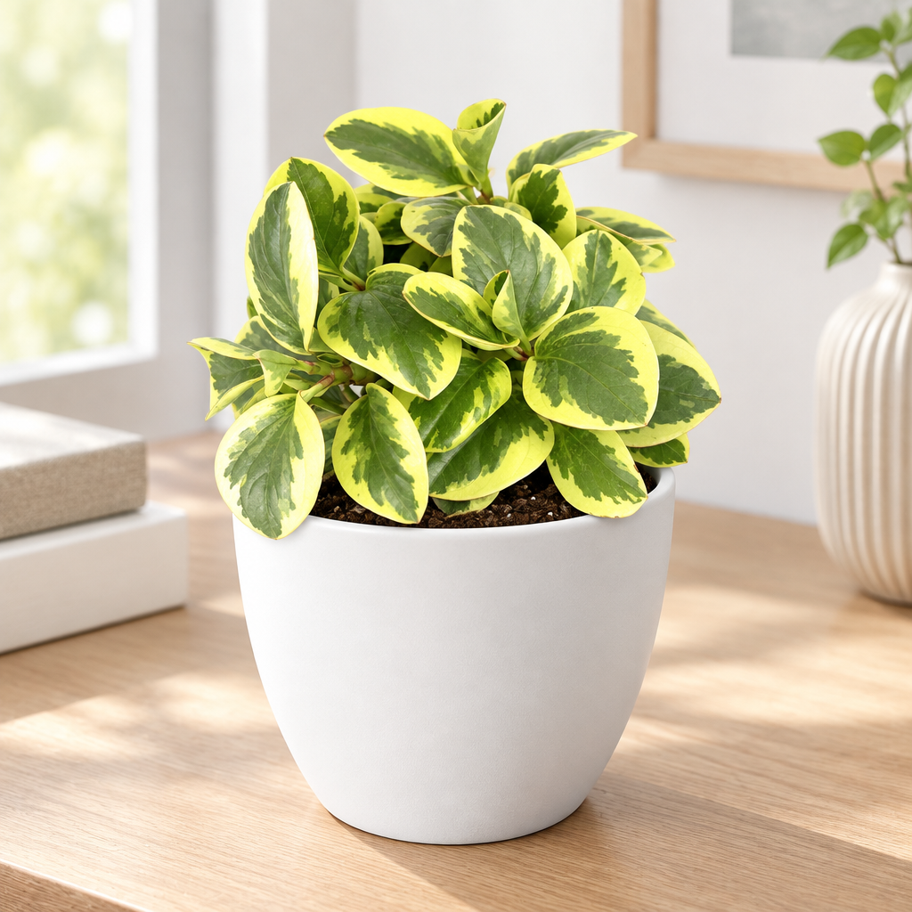 Peperomia Optian Bicolor styled in white Basel 4.7-inch planter, sold separately