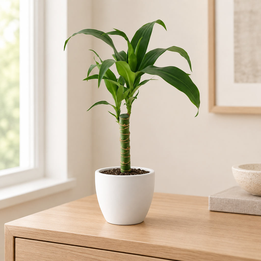 Dracaena Black Beauty Cane styled indoors in a white BASEL planter; planter sold separately