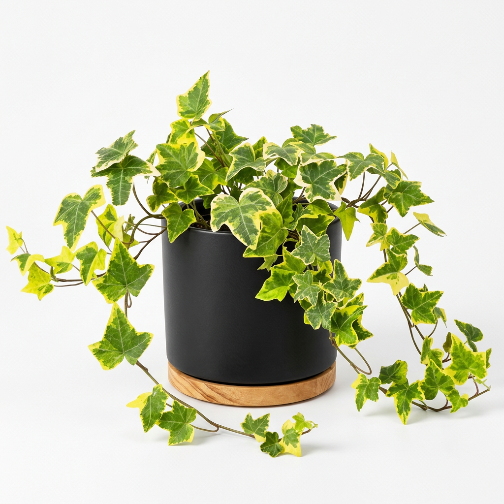 Gold Child English Ivy styled in a black six-inch OSLO planter with wood-grain base; plant and decorative planter sold separately.