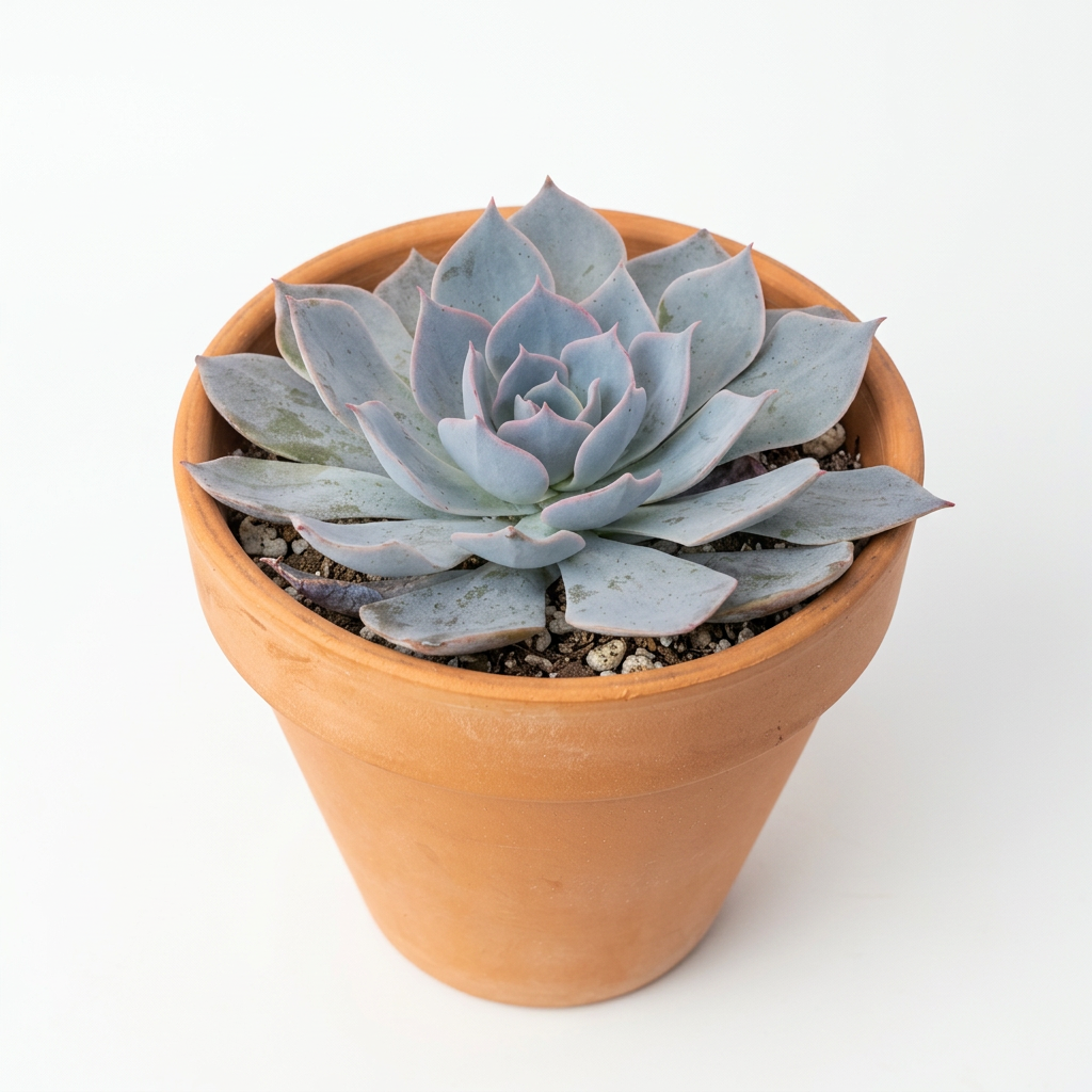 Blue Echeveria Peacockii styled in a terracotta pot on a white studio background; terracotta pot not included