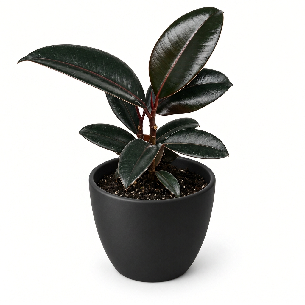 Young Ficus Decora Burgundy rubber plant with glossy dark leaves styled in a black BASEL 4.7-inch planter; decorative planter sold separately, plant ships in a 3.5-inch nursery pot