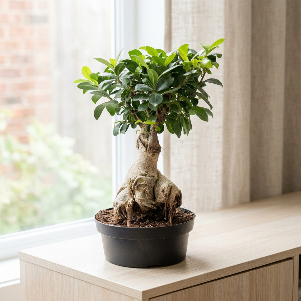 Ginseng Ficus in the included black eight-inch bonsai pot styled on a wood console near a window; furniture and display accessories not included.