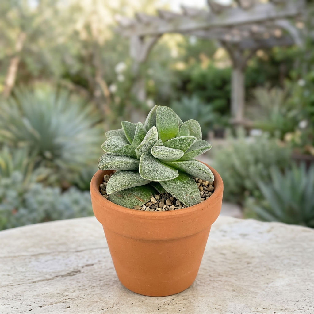 Small Crassula Morgan’s Beauty styled in a terracotta pot on a sheltered outdoor patio; decorative pot and styling accessories sold separately