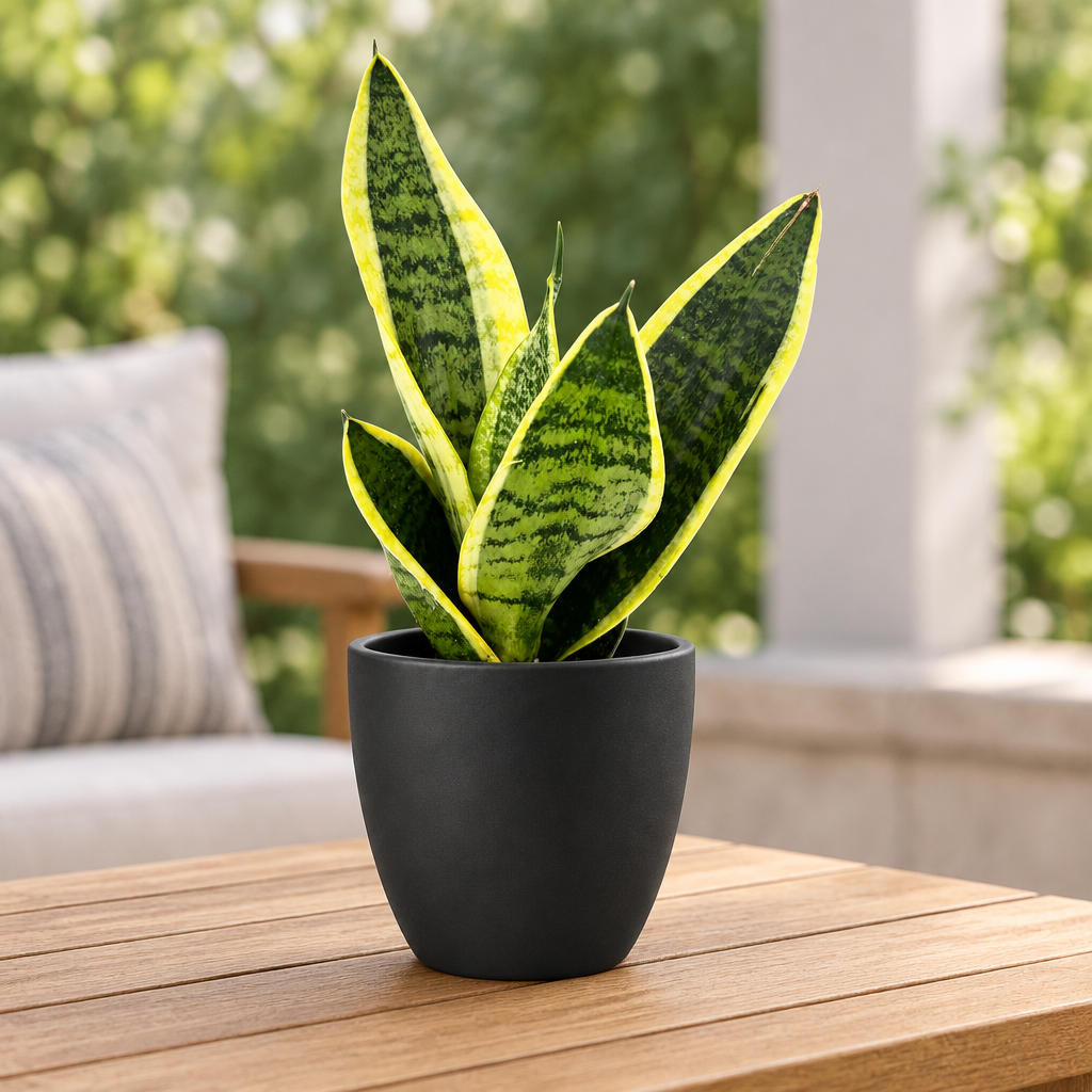 Sansevieria Futura Superba styled on a shaded patio in a black BASEL 4.7-inch planter; planter sold separately