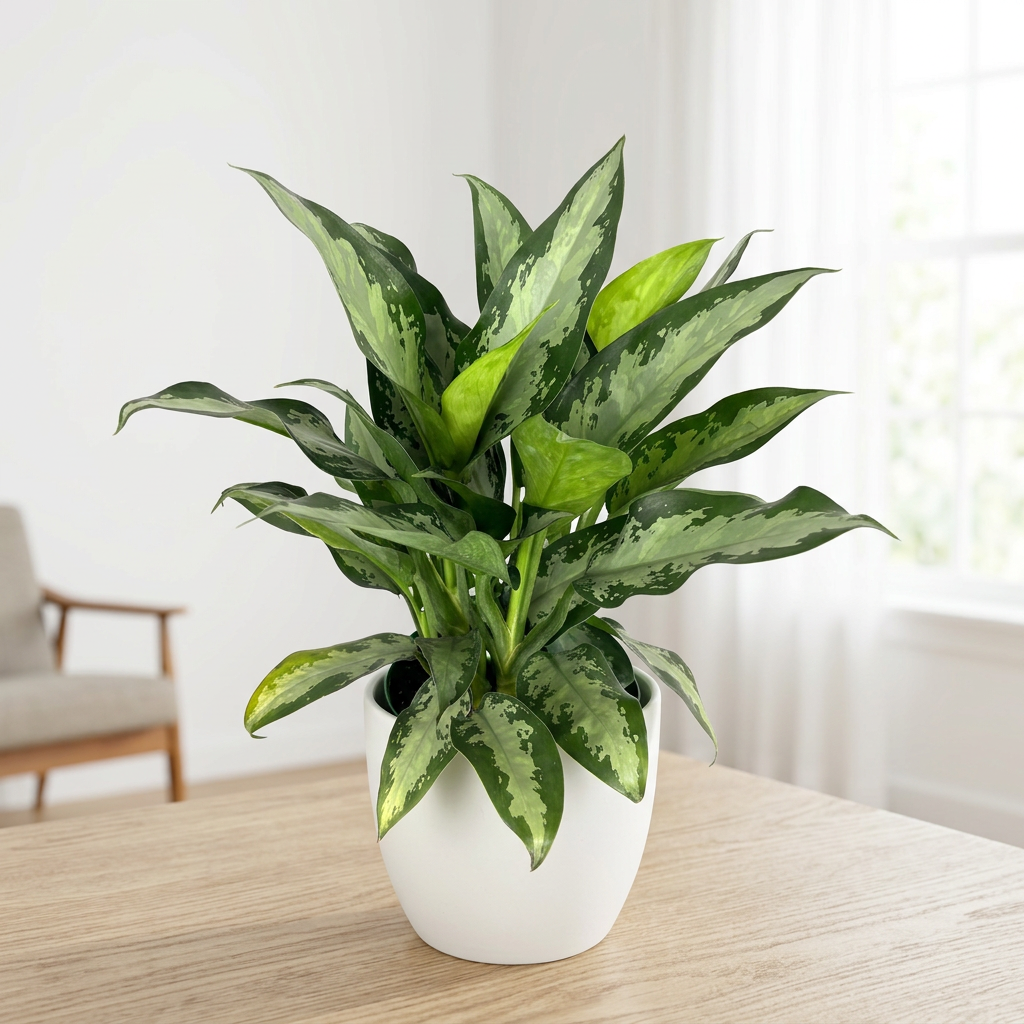 Chinese Evergreen Jubilee styled near a bright indoor window in a white BASEL planter; decorative planter sold separately