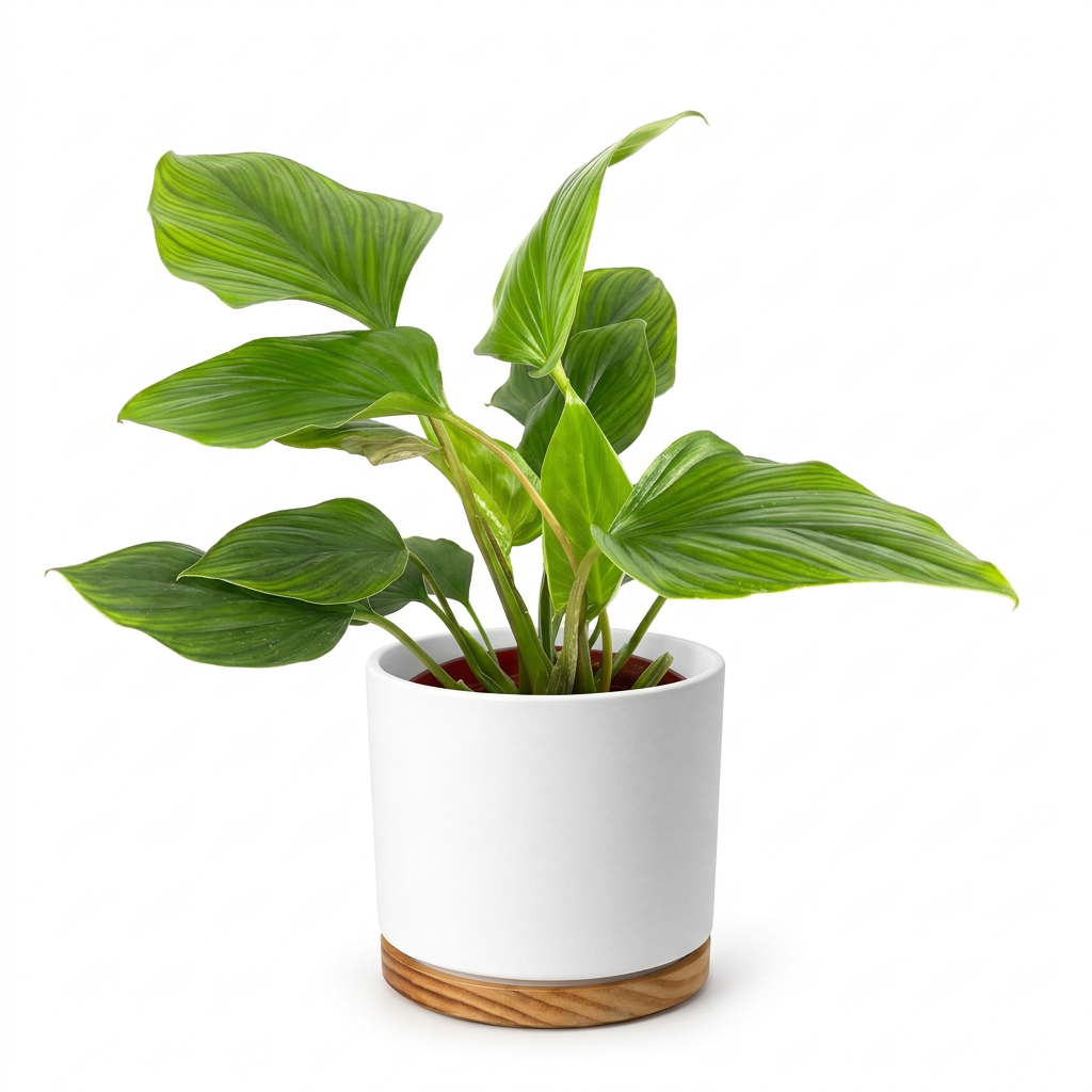 Homalomena Queen of Hearts styled in a white OSLO planter on a white background; decorative planter sold separately