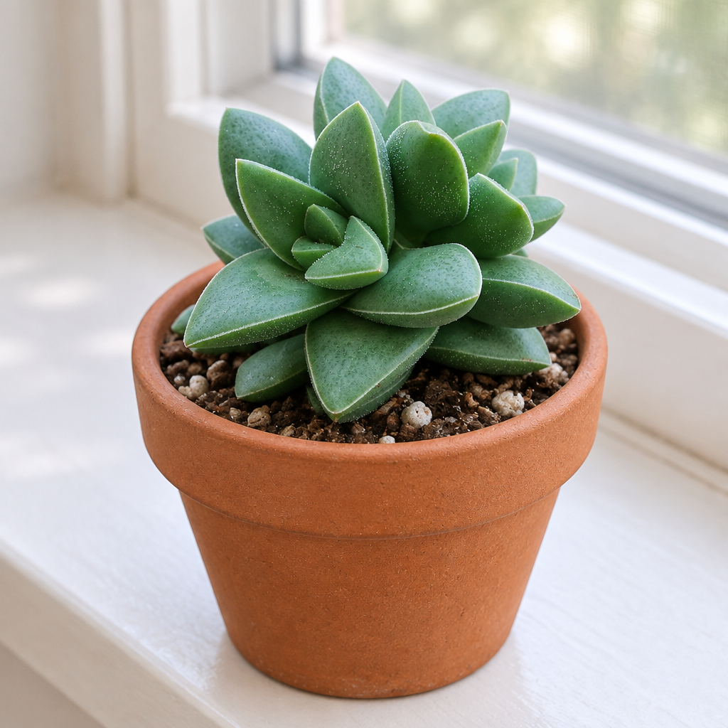 Crassula Springtime succulent in a terracotta pot beside a bright indoor window