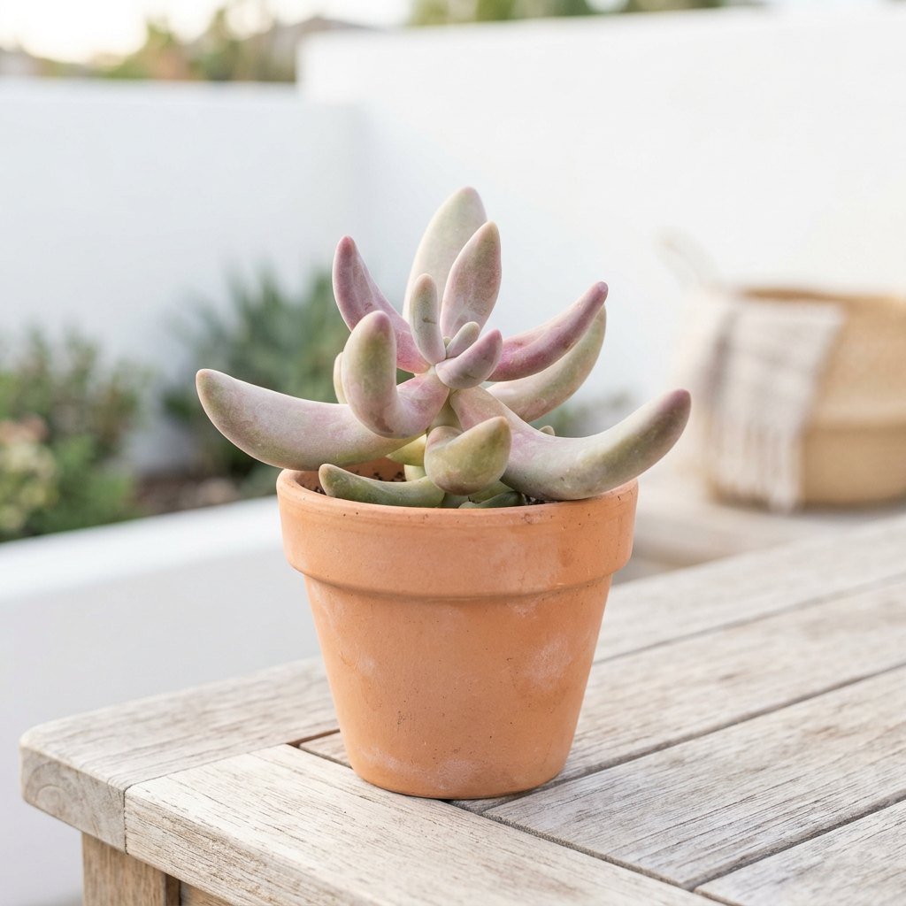 Pachysedum Ganzhou styled on a bright outdoor patio in a terracotta pot; decorative pot sold separately