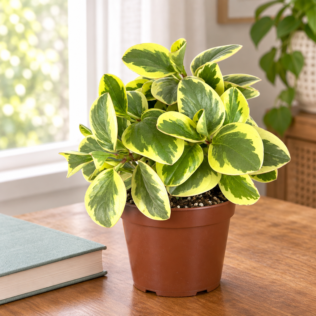 Peperomia Optian Bicolor in brown nursery pot on indoor table by window