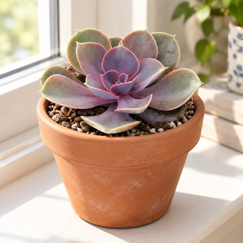 Echeveria Perle von Nürnberg on an indoor windowsill in a decorative terracotta pot, pot not included