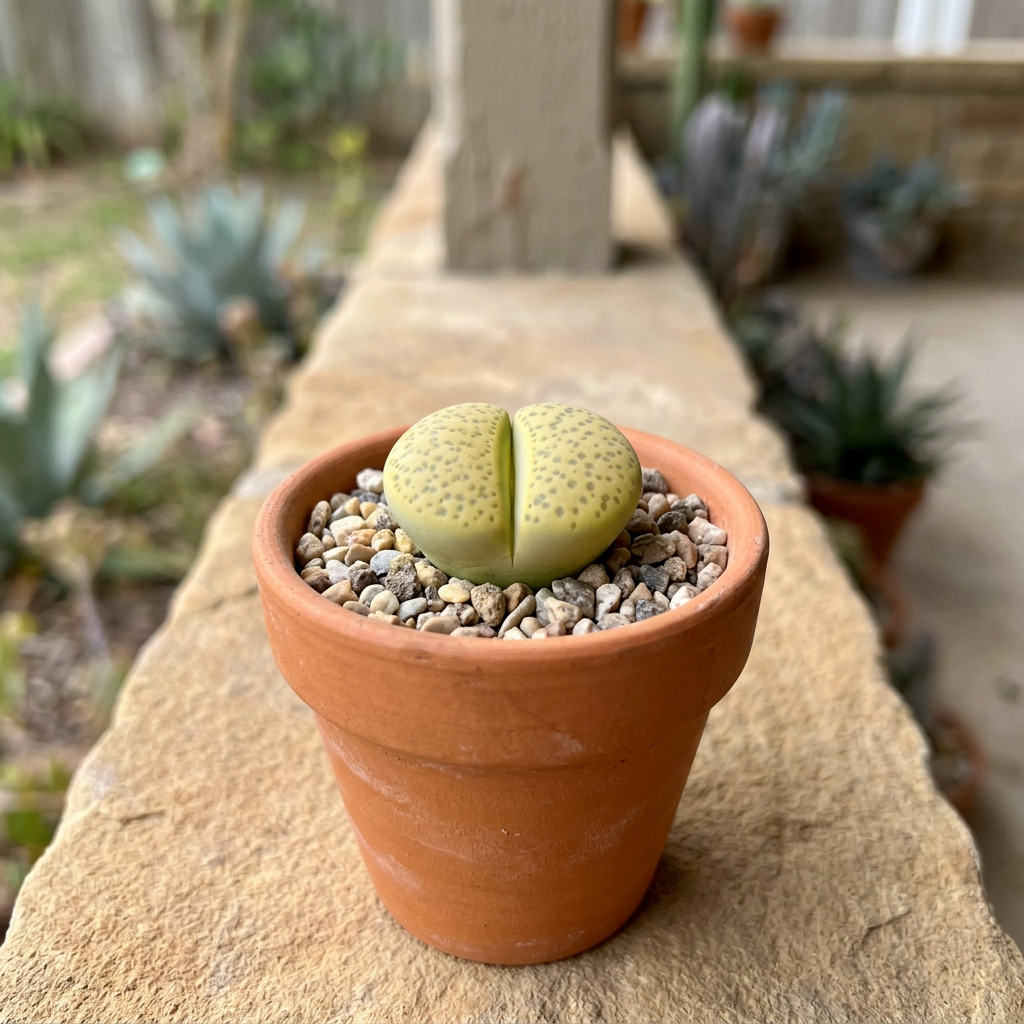 One Lithops Aurea head styled in terracotta on a dry stone ledge under a sheltered porch; decorative pot sold separately.