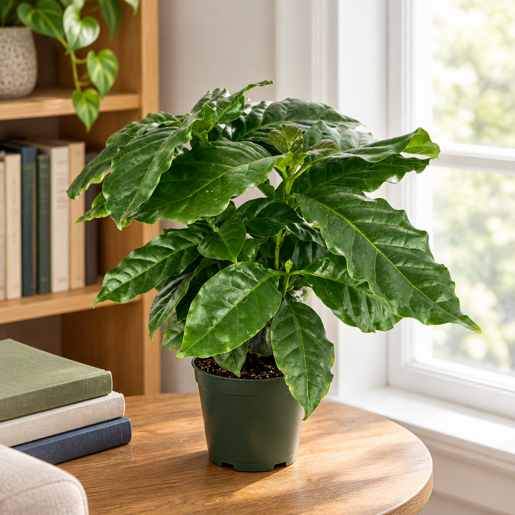 Young coffee plant in its nursery grow pot on an indoor table by a window