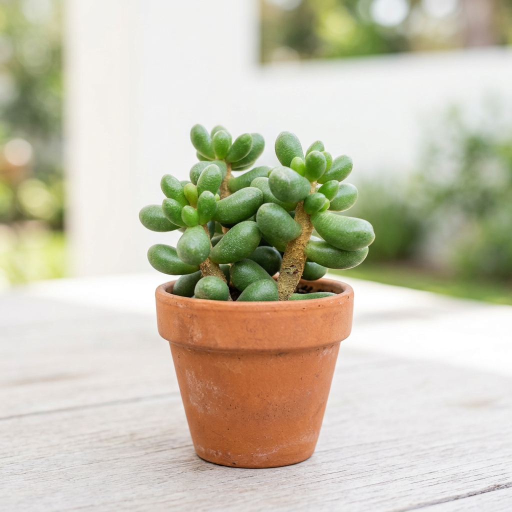 Sedum hernandezii styled on a bright outdoor patio in a terracotta pot; decorative pot sold separately