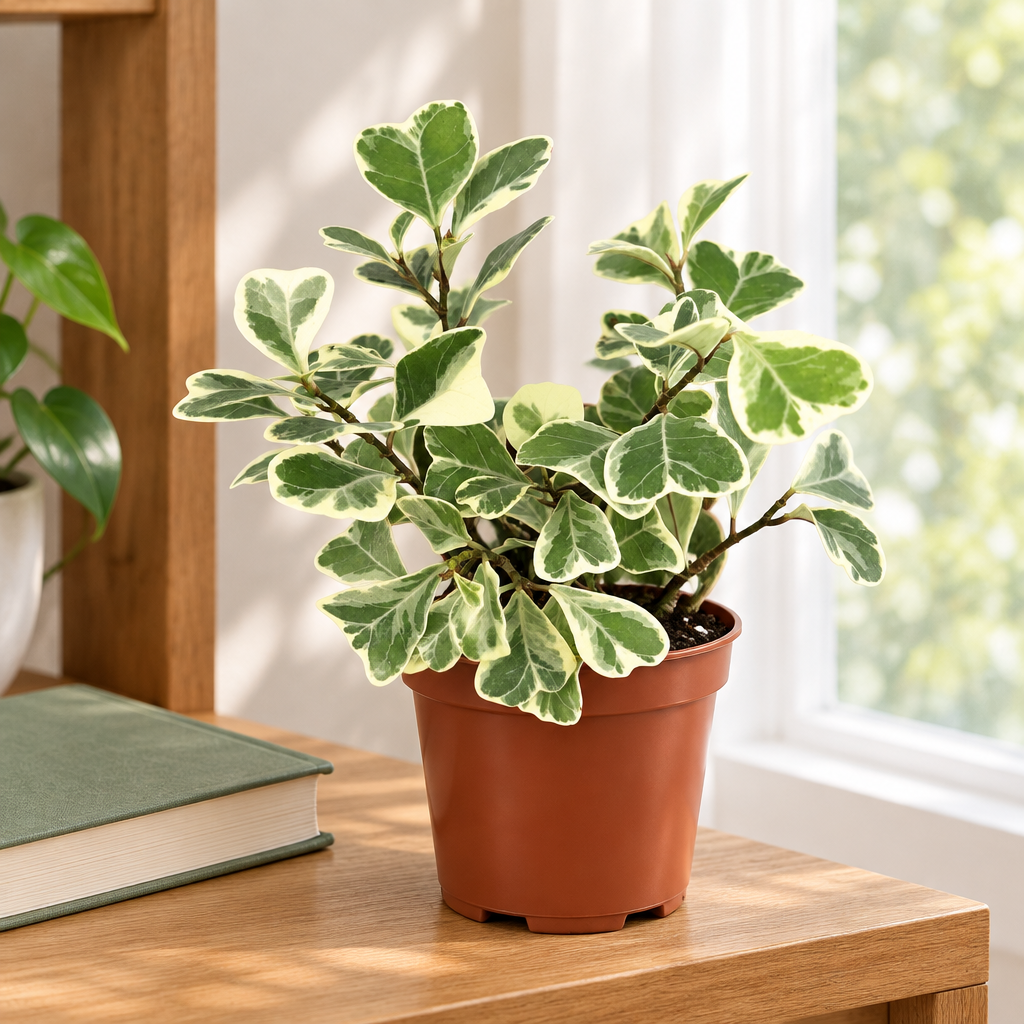 Young variegated Ficus triangularis in a single nursery pot on an indoor shelf