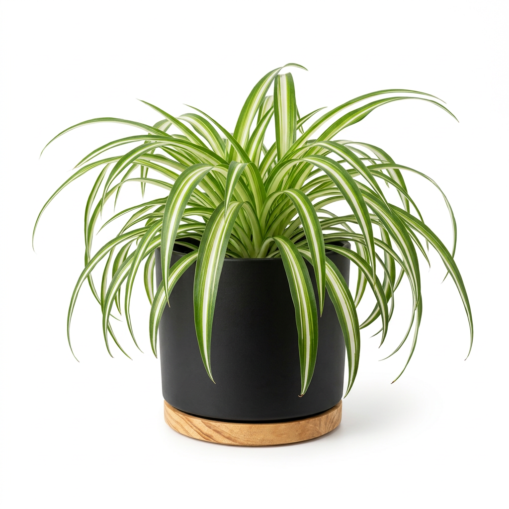 Variegated Spider Plant in a black Oslo planter with a wood-grain base on a white background; decorative planter sold separately