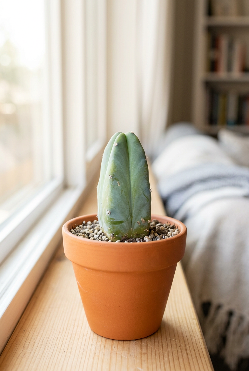 Blue Candle Cactus in terracotta on a bright wooden indoor windowsill; decorative pot sold separately.