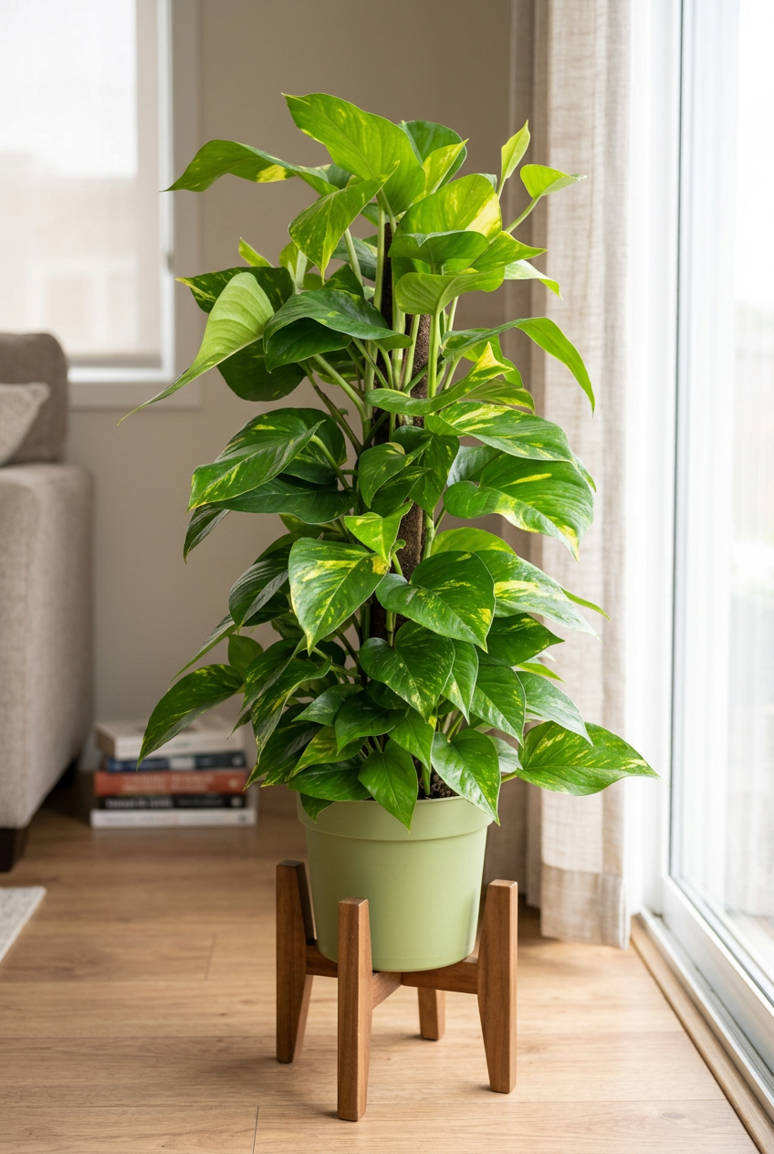 Golden Pothos XL in its 8-inch grow pot with included moss pole, displayed beside a bright indoor window; stand and furnishings not included.