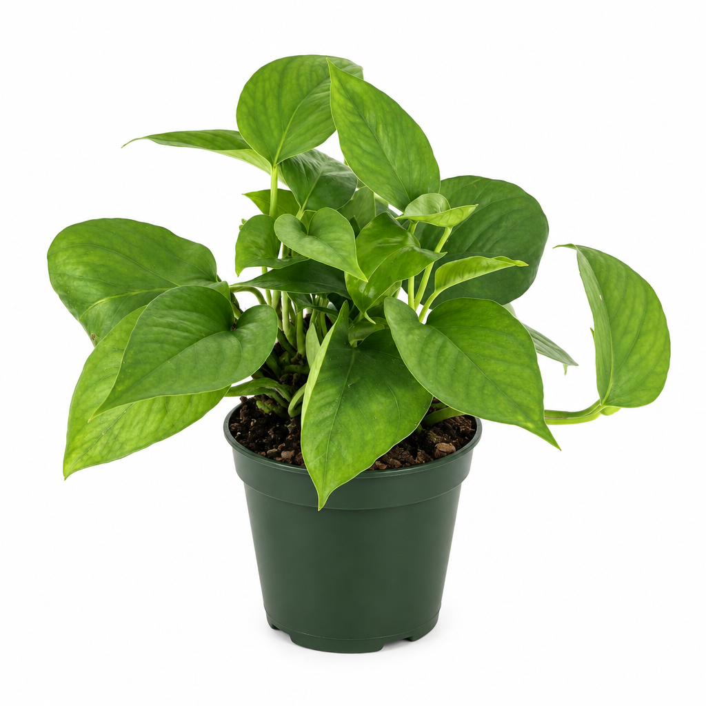 Green Queen Pothos with green leaves in a 4-inch nursery pot on white