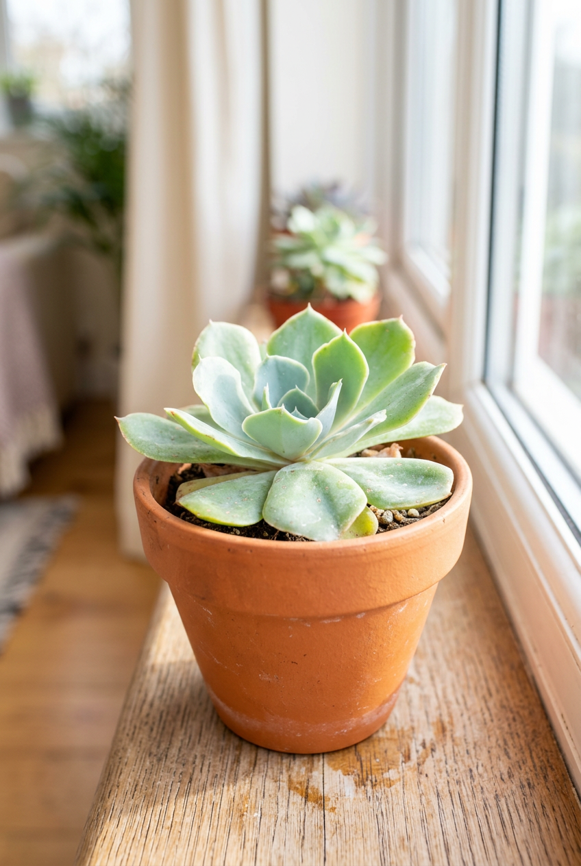 Echeveria glauca Blue Rose styled in terracotta beside a bright indoor window; decorative pot sold separately.