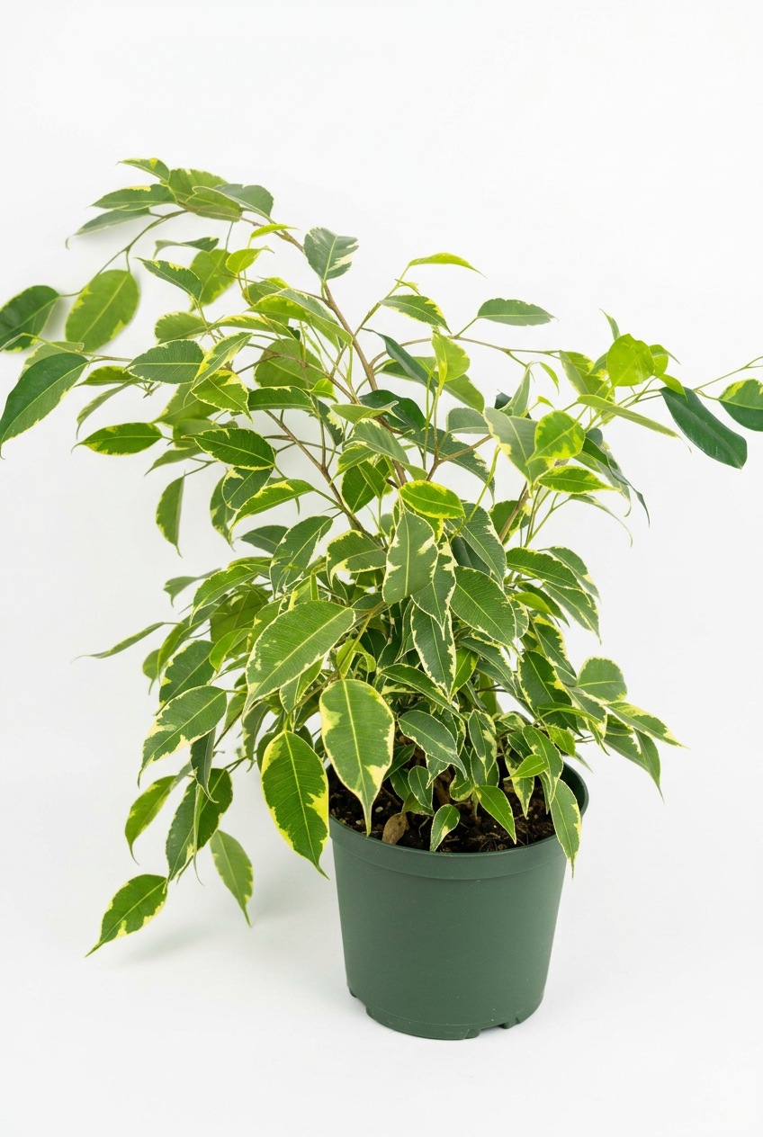 Ficus benjamina Spearmint with green and creamy yellow variegated leaves in a 6-inch nursery pot on a white background