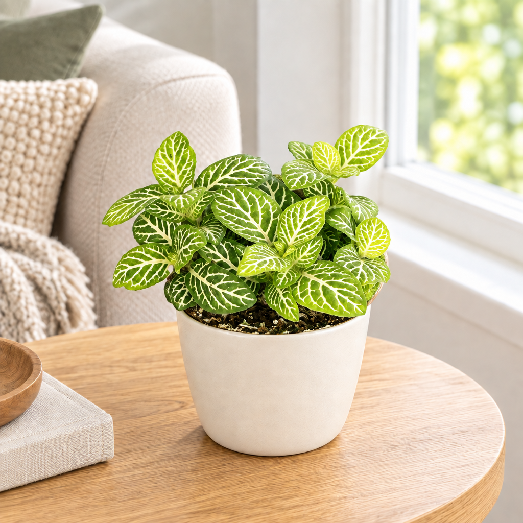 Fittonia Jolly Lemon styled in a small separately purchased ivory ceramic pot on a living-room table