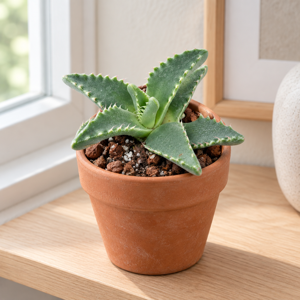 Tiger Jaw Faucaria tigrina in terracotta on a bright indoor shelf