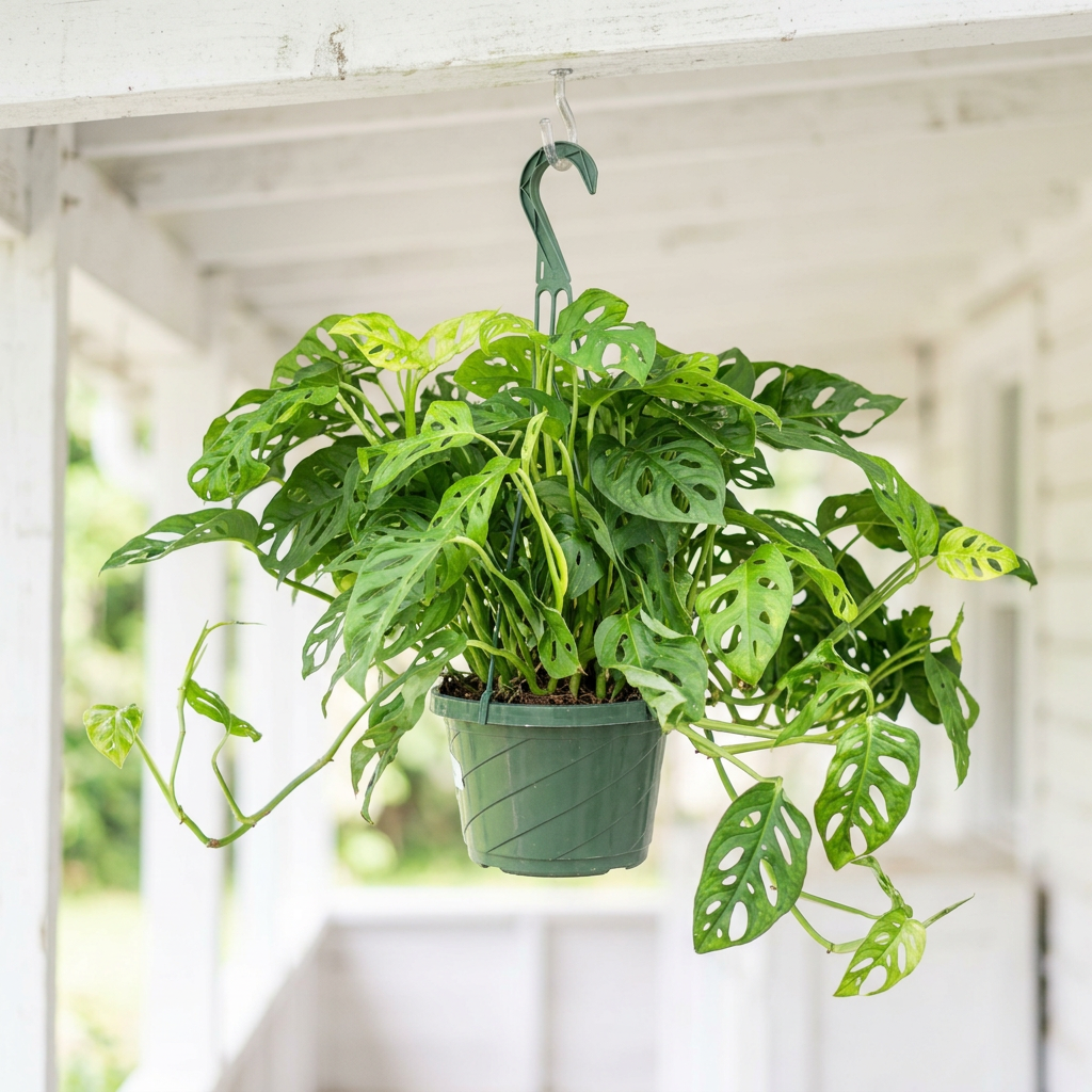 Jumbo Monstera adansonii hanging in its green 8-inch nursery pot on a sheltered shaded patio; display accessories sold separately.