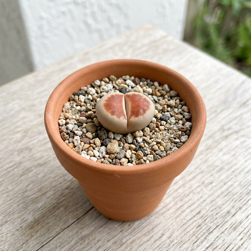 One Lithops Top Red head styled on a sheltered patio in terracotta; decorative pot sold separately