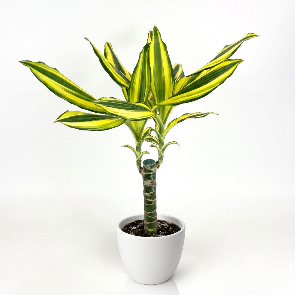 Young Dracaena Sol Cane with a longer exposed banded cane and green-yellow striped leaves in a white BASEL 4.7-inch planter; planter sold separately, plant ships in a 4-inch nursery pot