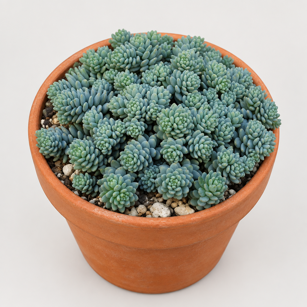 Blue Tear Sedum cluster styled in a warm terracotta pot, decorative pot not included