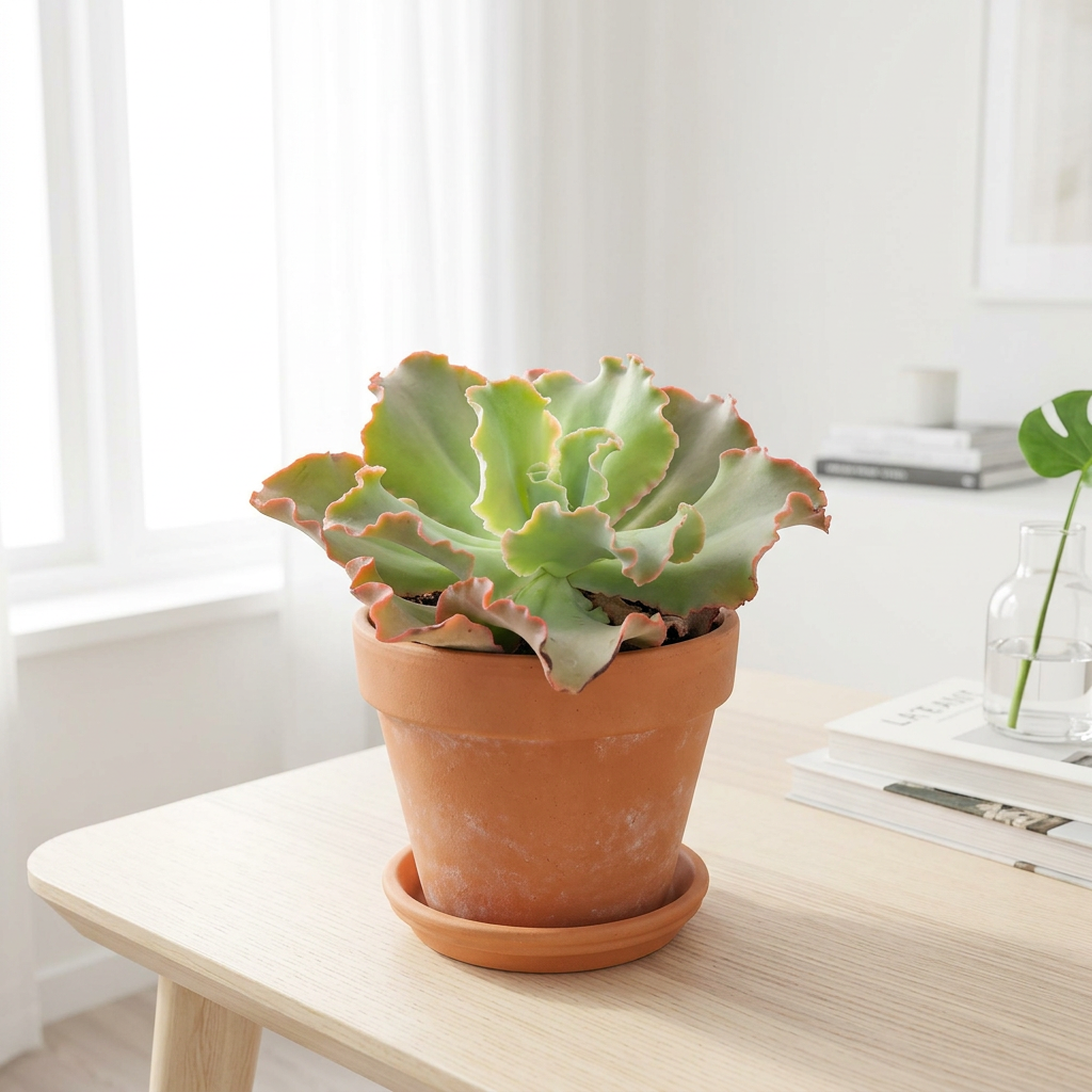 Echeveria Giant Ruffles styled near a bright indoor window in a terracotta pot; decorative pot sold separately